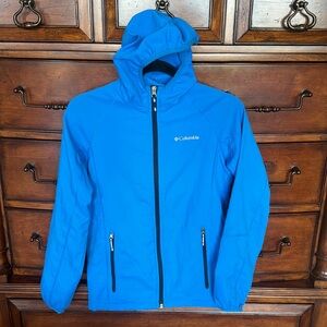 Columbia lightweight hooded blue jacket with black zippers. GUC. Size L 14-16